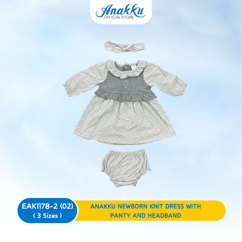 ANAKKU Newborn Knit Dress with Panty & Headband | Gaun Kait Bayi Baru Lahir dengan Seluar & Ikat Kepala