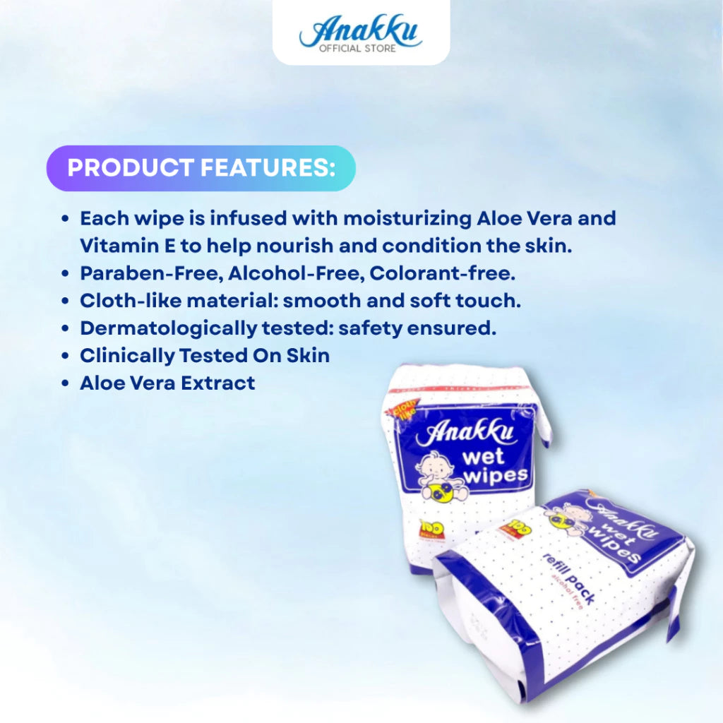 Anakku Baby Wipes Wet Tissue/Tisu Basah Bayi - Refill Pack (100's x 2 Packs) 175-6003