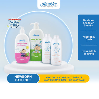 [Exclusive Combo] Anakku Newborn Bath Set - Baby Bath Head To Toe Moisturizing Baby Lotion Baby Talcum AKBD0060