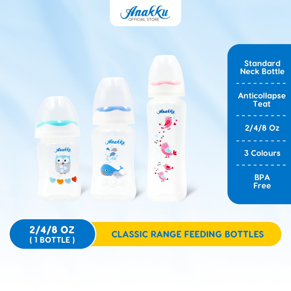 ANAKKU (2oz/4oz/8oz) Standard Neck Feeding Bottle with Anticollapse Teat/Botol Susu Leher Standard 163-600