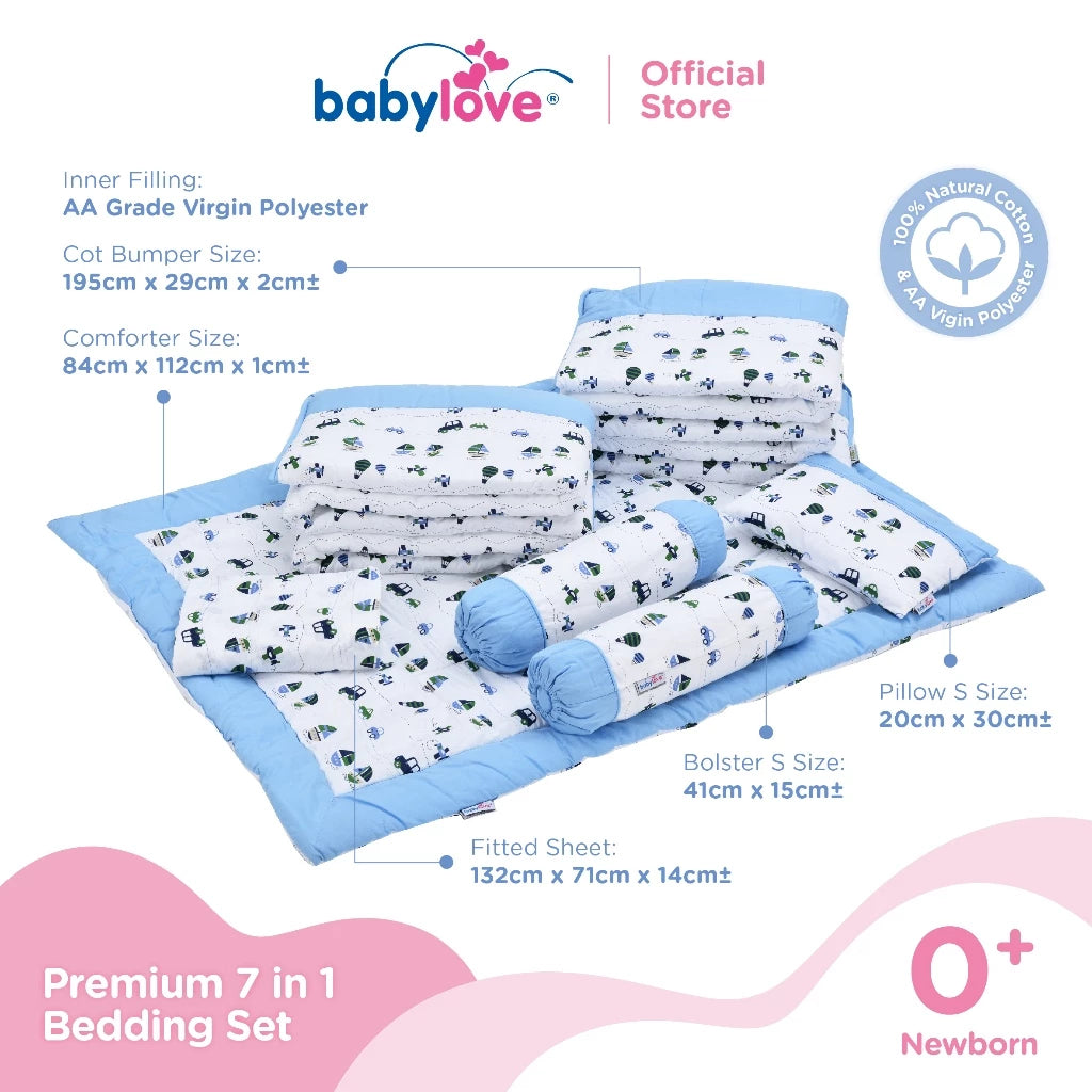 Babylove 7 dalam 1 Set Katil Bayi Premium | Set Tilam Lengkap | 7 in 1 Bedding Set (100% Cotton)