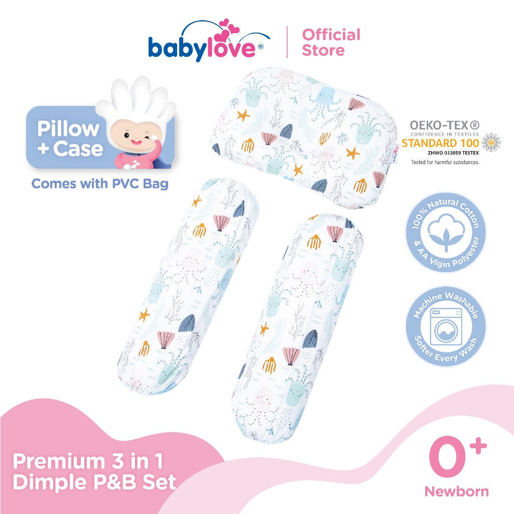 Babylove Premium 3 In 1 Set Bantal & Peluk Bayi Lembut & Selesa | Dimple Pillow & Bolster Set