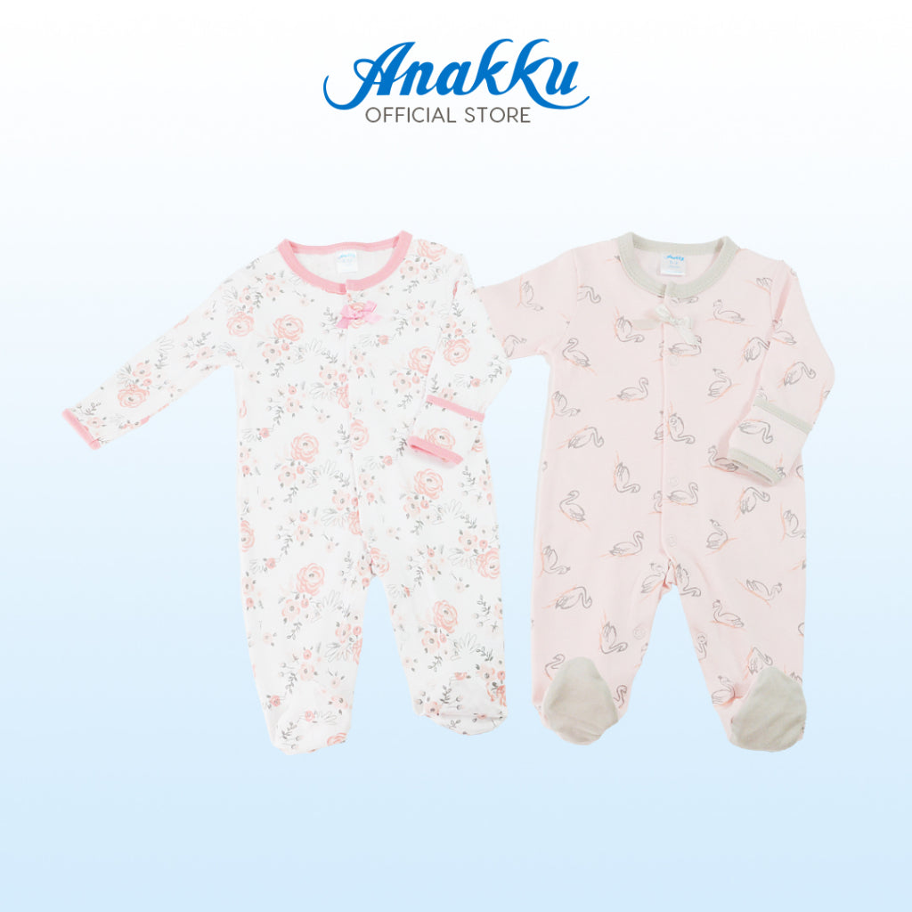 Anakku [0-12M] Newborn Baby Girl Jumpsuit Snap-on Button Long Sleeves Baju Bayi Perempuan EAK819-2