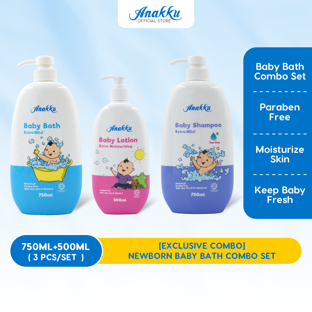 [Exclusive Combo] Anakku Newborn Baby Bath Extra Mild Bath & Shampoo With Baby Lotion AKBD0037