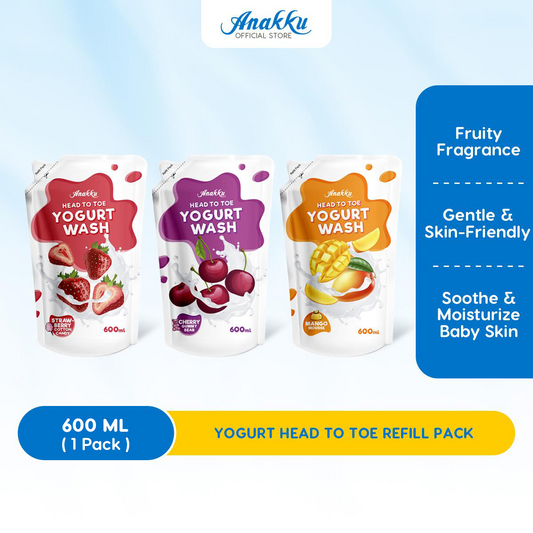 ANAKKU Baby Head To Toe Yogurt Body Wash Baby Bath Refill Pack Sabun Mandian Bayi Strawberry Cherry Mango 600ml HTTY6001