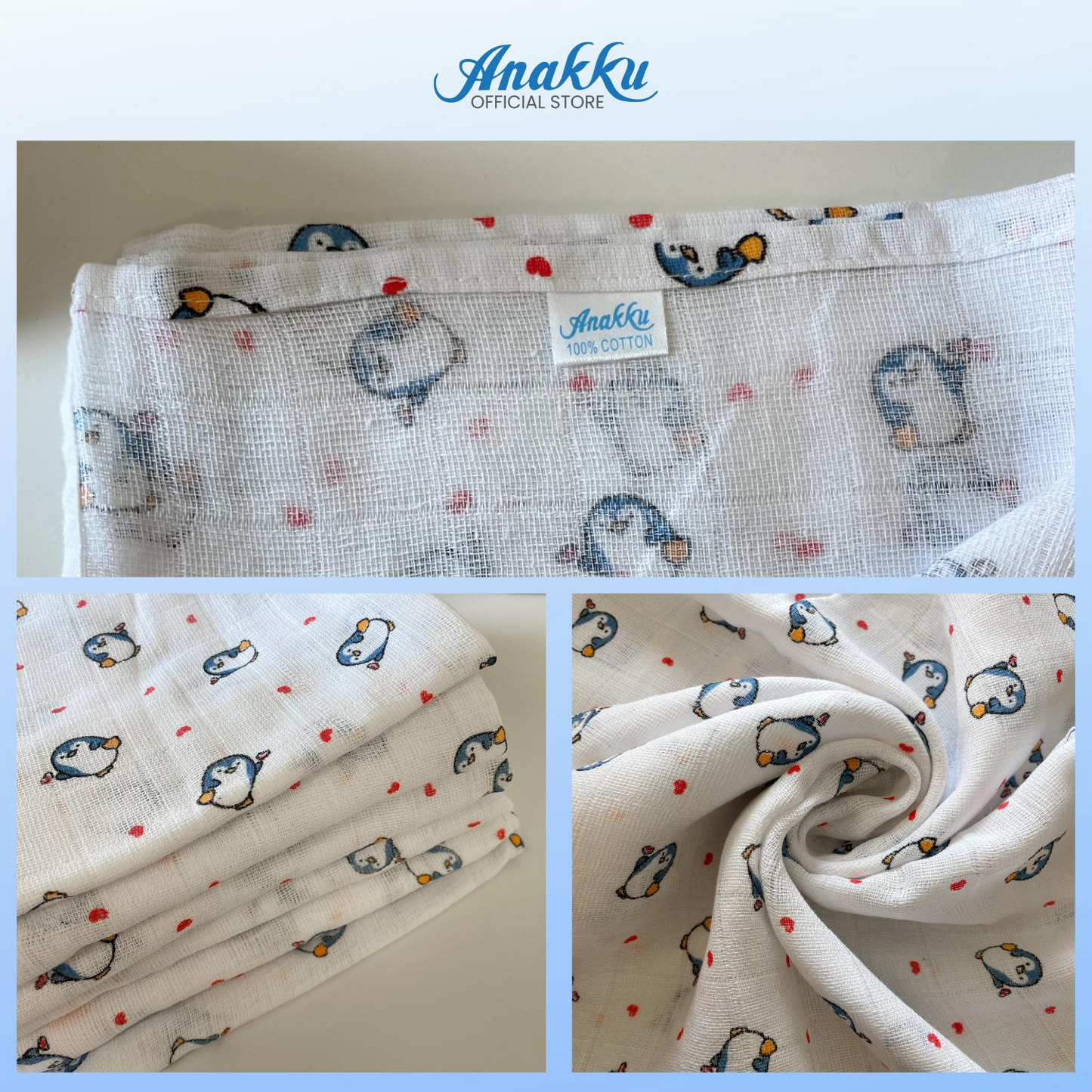 Bulk Sale - Anakku Bayi Newborn Printed Kain Napkin Selesa 8 Pcs Penguin Design (161-626)