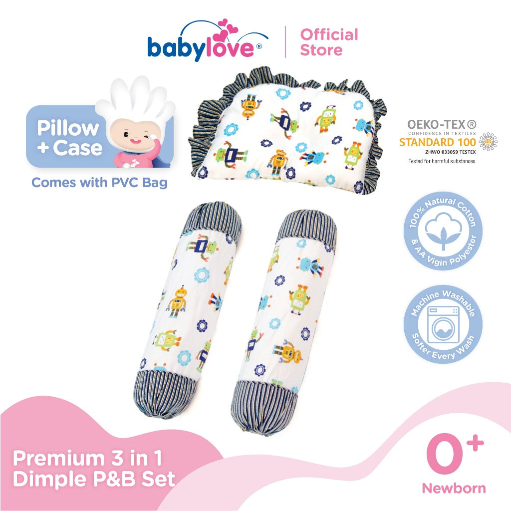 Babylove Premium 3 In 1 Set Bantal & Peluk Bayi Lembut & Selesa | Dimple Pillow & Bolster Set