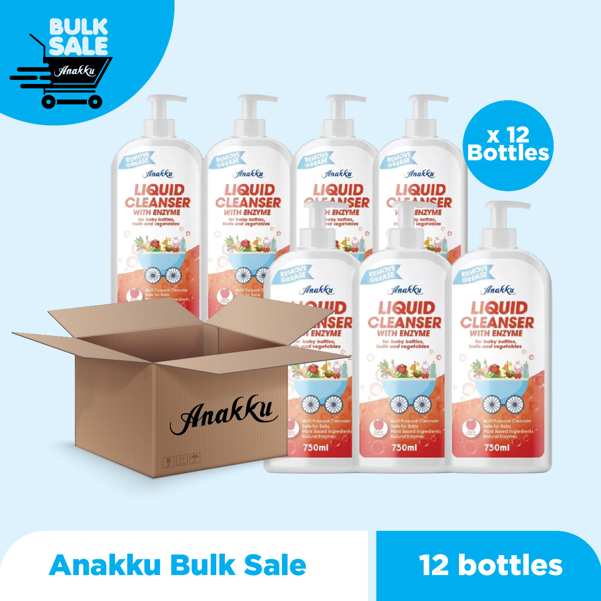 Bulk Sale - Anakku Baby Liquid Cleanser Enzyme Baby Bottle Cleanser 750ml (Apple/Peach) Pencuci Sabun Cuci Botol Susu Baby LQ7501x12