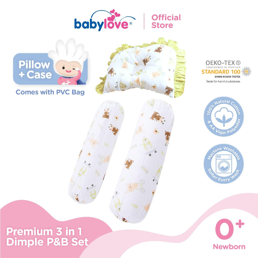 Babylove Premium 3 In 1 Set Bantal & Peluk Bayi Lembut & Selesa | Dimple Pillow & Bolster Set