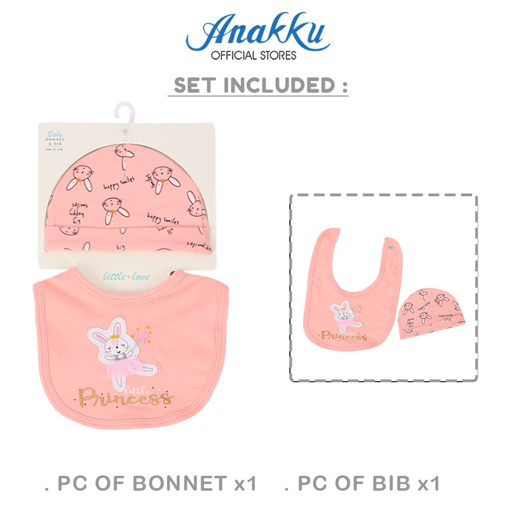 Anakku Little Love Newborn Baby Girl Bib + Bonnet Set | Tuala Bayi Air Liur ELL578-1
