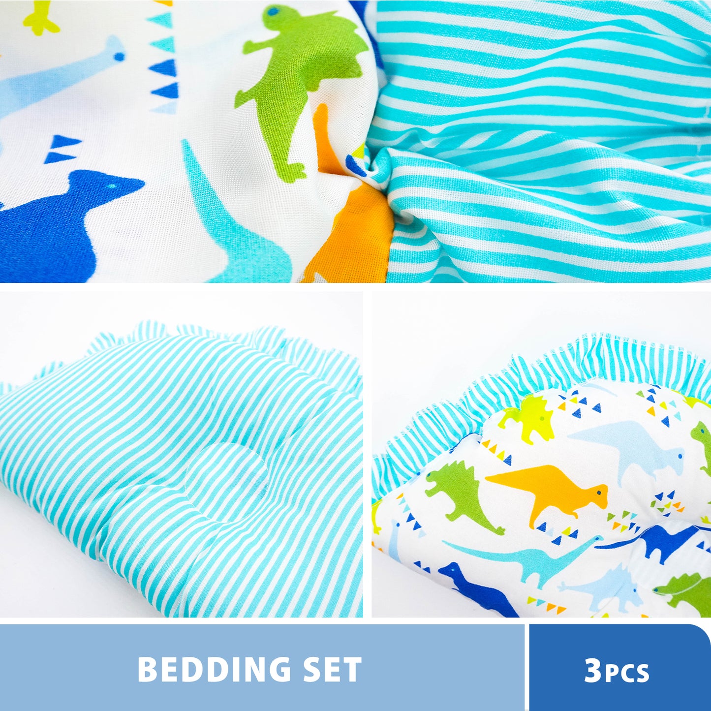 Anakku Baby Bedding Set Foldable Comforter + D/F Dimple Pillow + Bolster Set (Dino)